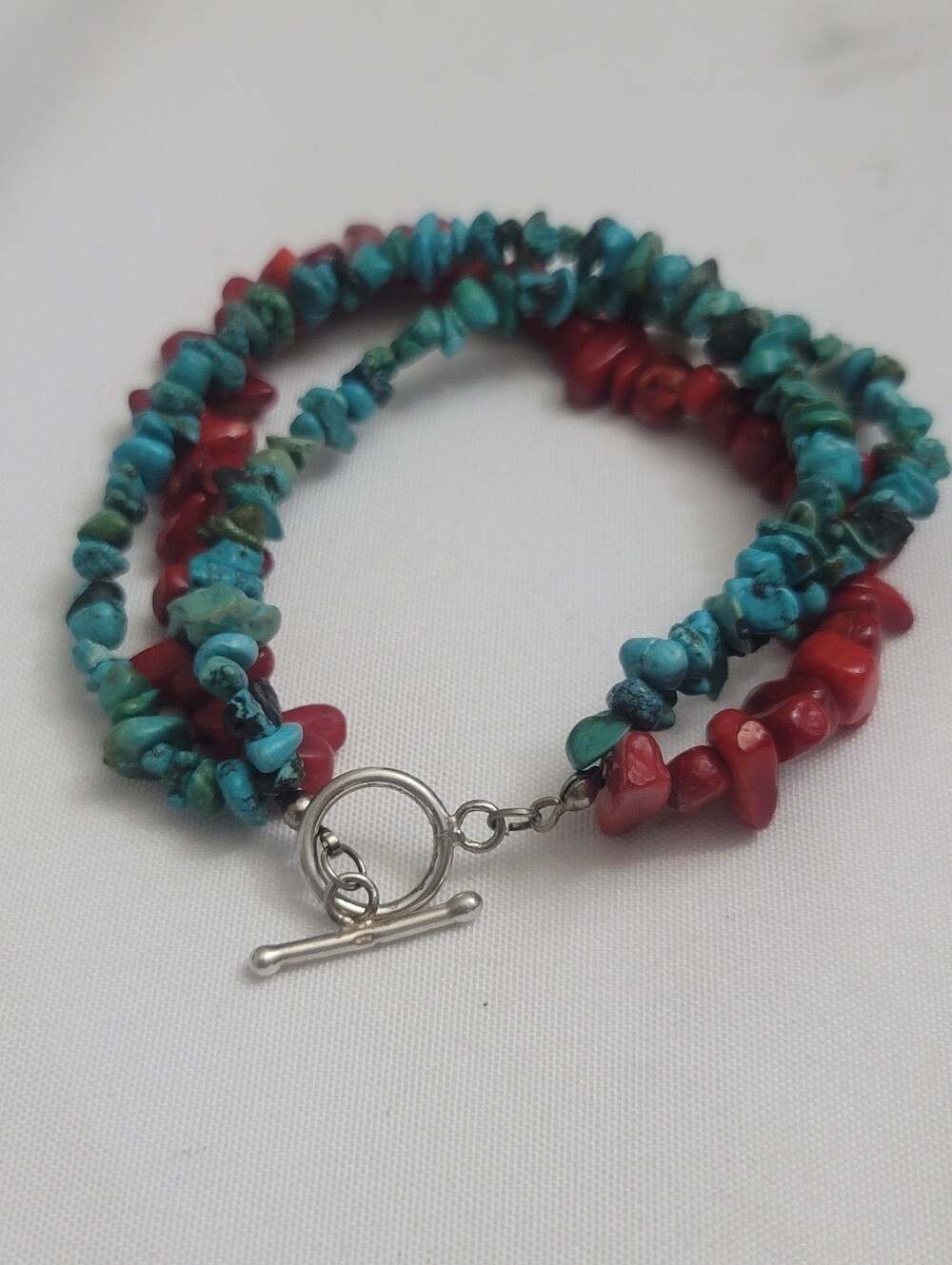 Vintage Sterling Silver 925 Multi-Strand Turquoise and Red Coral Toggle Bracelet